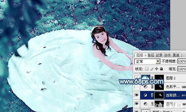 Photoshop将草地婚纱美女调制出流行的青蓝色23