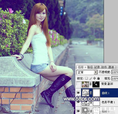 Photoshop将外景美女图片调制出流行的甜美蓝绿色16