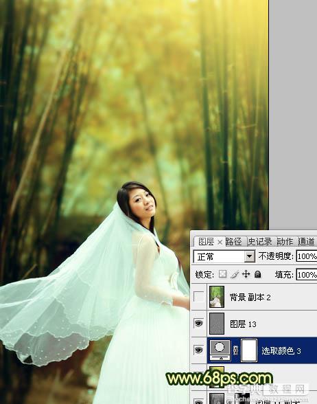 Photoshop将竹林婚片调制出漂亮的古典黄绿色效果29