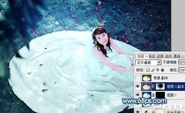 Photoshop将草地婚纱美女调制出流行的青蓝色30