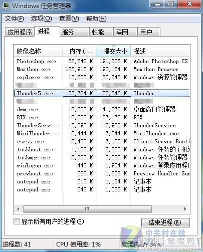 Win7中通过任务管理器直接查看软件所耗虚拟内存4