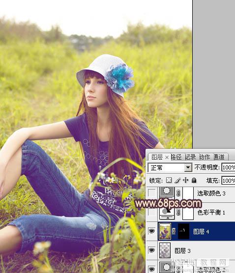 Photoshop将草地美女图片调成鲜艳的蓝黄色12