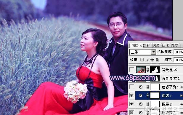 Photoshop将铁轨婚片调制成暗调青蓝色效果14