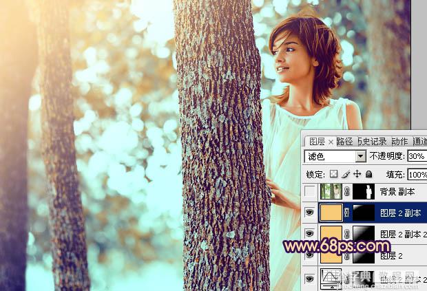 Photoshop为树林人物图片调制出灿烂的青黄阳光色效果25