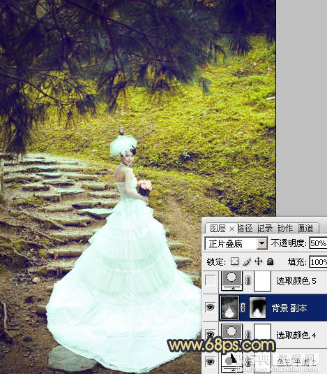 Photoshop将外景婚片调制出清爽的黄绿色效果23