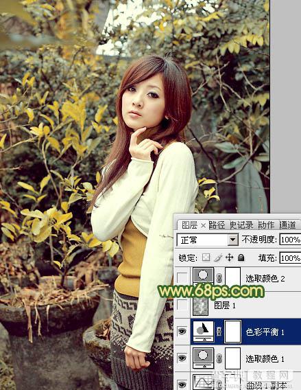 Photoshop将树木边的美女图片调制出纯美的秋季黄绿色效果17