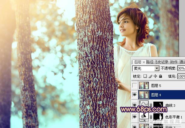 Photoshop为树林人物图片调制出灿烂的青黄阳光色效果32
