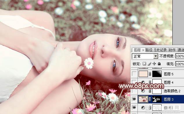 Photoshop将草地美女图片调制出流行的欧美粉褐色效果17