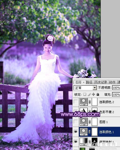 Photoshop中将树林美女婚片调成唯美的绿紫色12