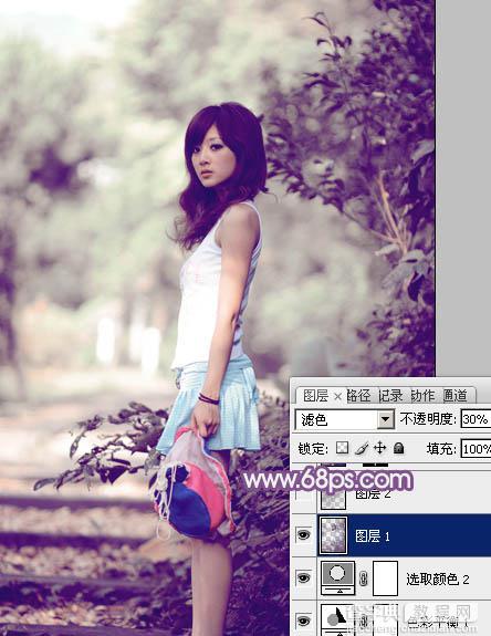 Photoshop为树边的美女图片调制出古典梦幻中性紫色调20