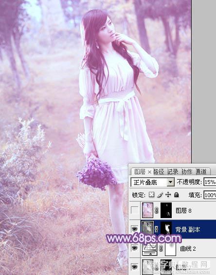 Photoshop将草地美女图片增加上梦幻的粉调蓝紫色效果36