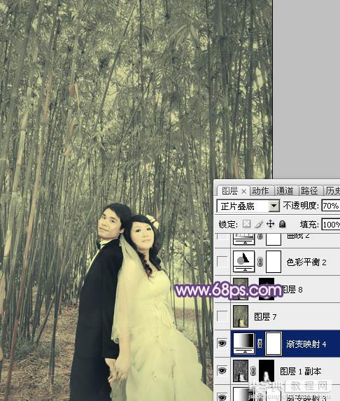 Photoshop将竹林人物图片调成柔和的蓝紫色23