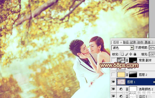 Photoshop将池塘边的情侣图片增加上唯美的淡黄色效果20
