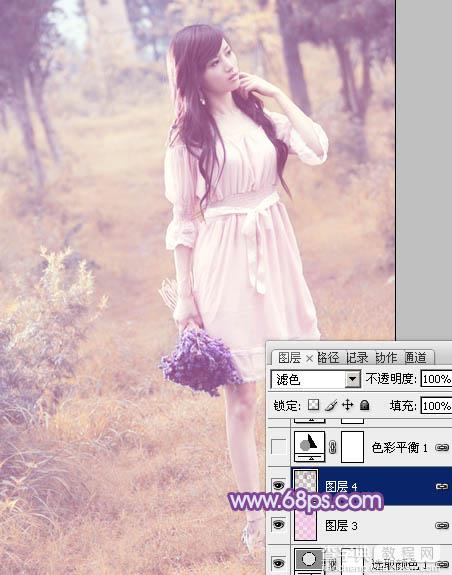 Photoshop将草地美女图片增加上梦幻的粉调蓝紫色效果23