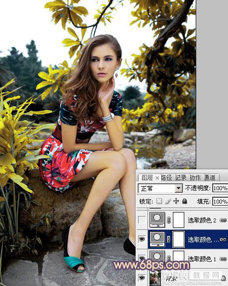 photoshop利用通道替换为树林美女图片加上古典红蓝色6