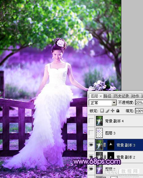 Photoshop中将树林美女婚片调成唯美的绿紫色24