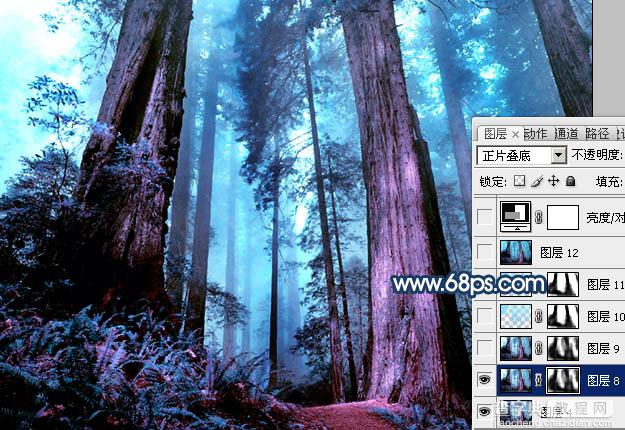 Photoshop制作暗调蓝紫色的森林图片29