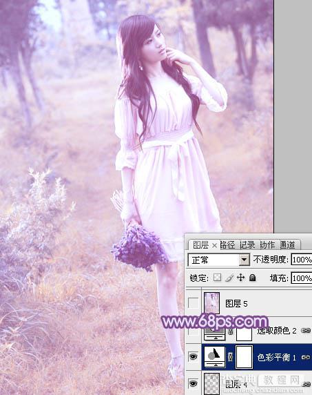 Photoshop将草地美女图片增加上梦幻的粉调蓝紫色效果27