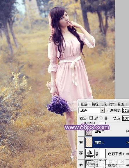Photoshop将草地美女图片增加上梦幻的粉调蓝紫色效果14
