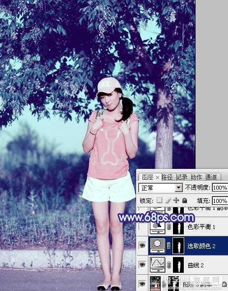 Photoshop为外景美女图片增加上流行的韩系粉蓝色效果25