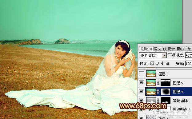 Photoshop将沙滩美女婚片调制出柔美的青黄色效果23