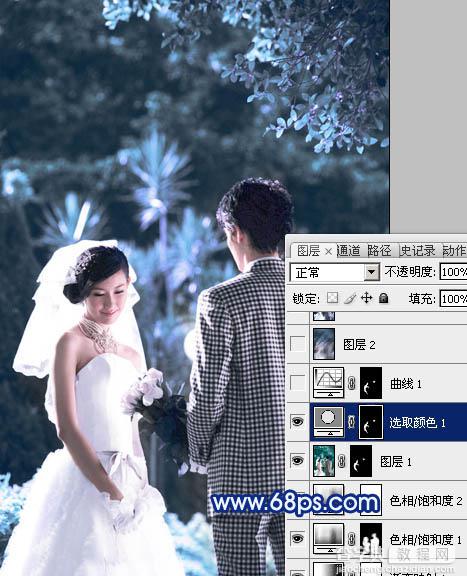 Photoshop将树林婚片调成梦幻的纯蓝色16