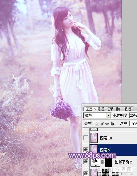Photoshop将草地美女图片增加上梦幻的粉调蓝紫色效果38