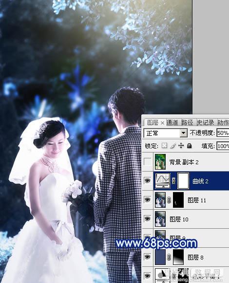 Photoshop将树林婚片调成梦幻的纯蓝色31