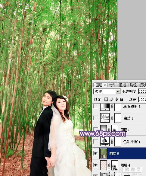 Photoshop将竹林人物图片调成柔和的蓝紫色15