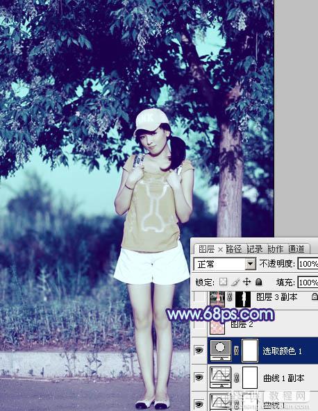 Photoshop为外景美女图片增加上流行的韩系粉蓝色效果16