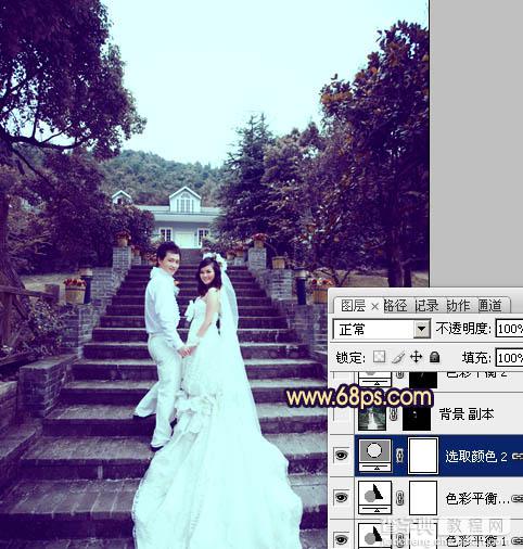 Photoshop为公园婚片加上柔美的暗调蓝紫色效果15