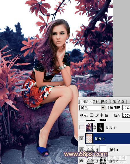 photoshop利用通道替换为树林美女图片加上古典红蓝色28