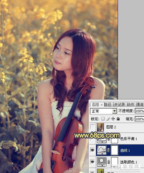 Photoshop将菜田美女图片调成柔美的古典暖色调9