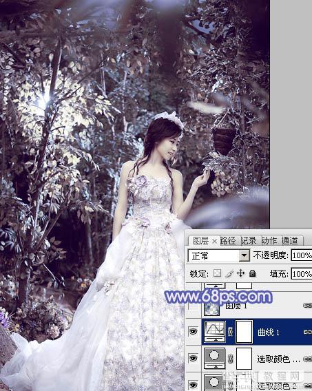 Photoshop将树林人物图片调制出流行的蓝紫色效果23