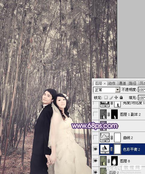 Photoshop将竹林人物图片调成柔和的蓝紫色28