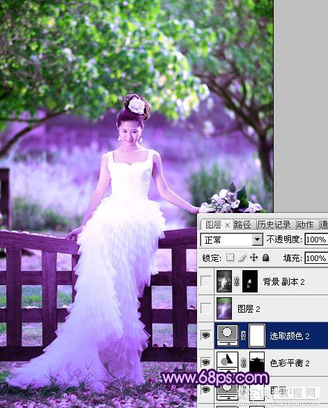 Photoshop中将树林美女婚片调成唯美的绿紫色20