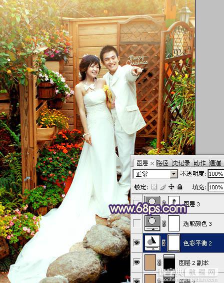 Photoshop将园林婚片调成甜美的暖红色18