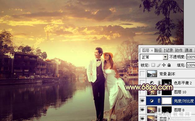 Photoshop将古镇婚片调制出漂亮的霞光色效果29