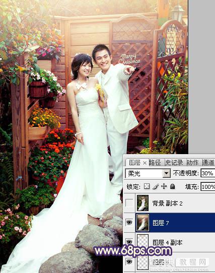 Photoshop将园林婚片调成甜美的暖红色25