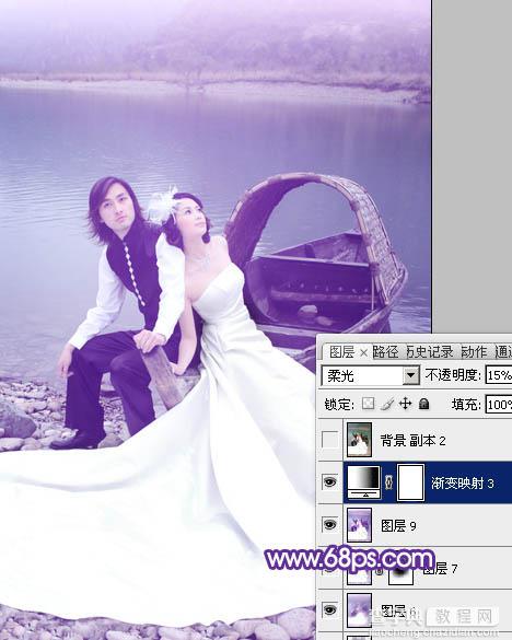 Photoshop将江景婚片调成纯美的蓝紫色24