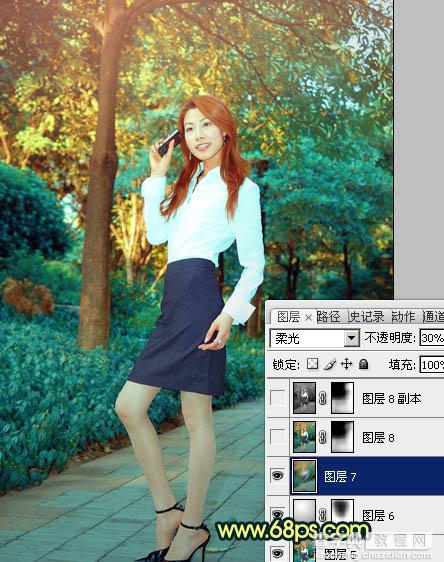 Photoshop中将树林人物图片调成柔美的暗青色26