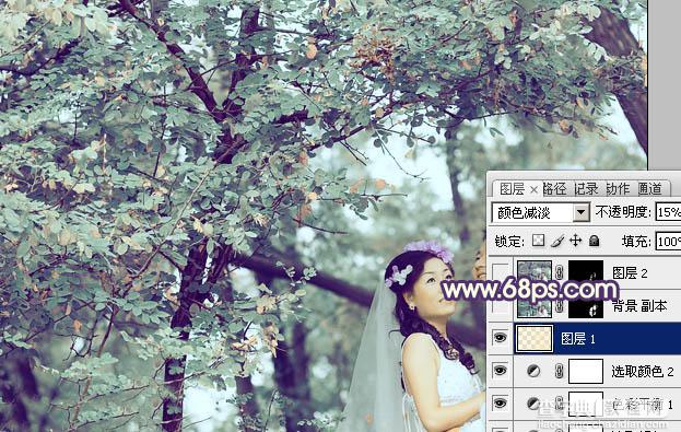 Photoshop制作古典青褐色效果的树林婚片16