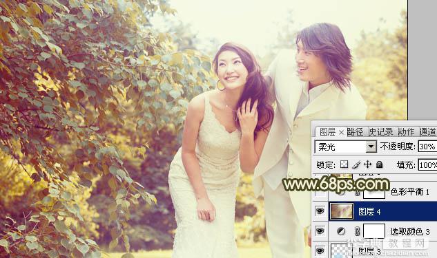 Photoshop将树林婚片增加上柔和的淡黄色效果21