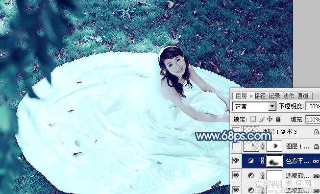 Photoshop将草地婚纱美女调制出流行的青蓝色16