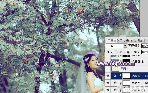 Photoshop制作古典青褐色效果的树林婚片15