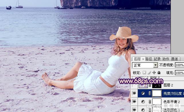 Photoshop为海滩上的美女图片增加上淡紫霞光色27