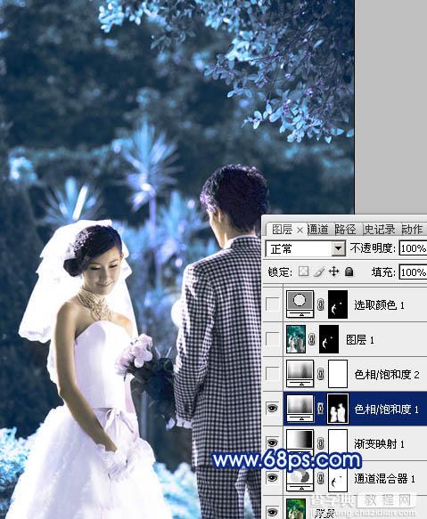Photoshop将树林婚片调成梦幻的纯蓝色8