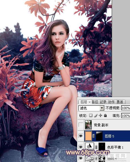 photoshop利用通道替换为树林美女图片加上古典红蓝色30