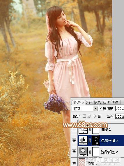 Photoshop为树林美女图片调制出柔和的淡黄早秋色22