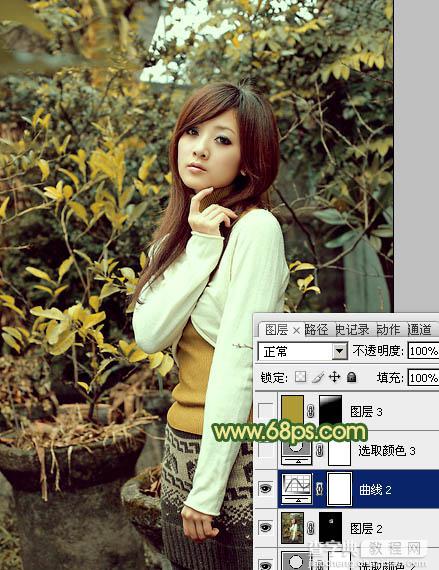Photoshop将树木边的美女图片调制出纯美的秋季黄绿色效果25
